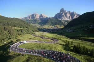 Cyclists on Passo Campolongo, Dolomites